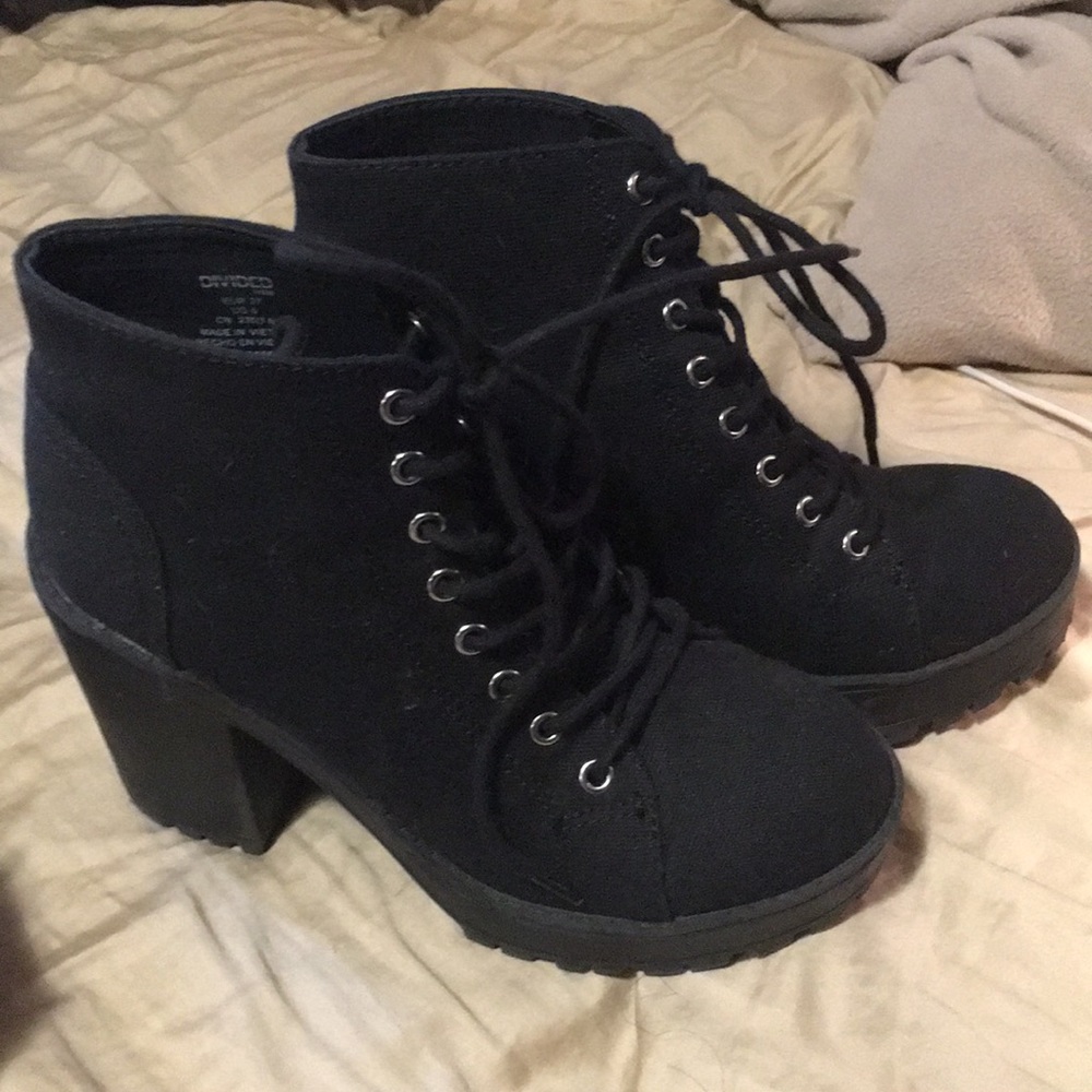 H&M black woven lace up heeled ankle boots
